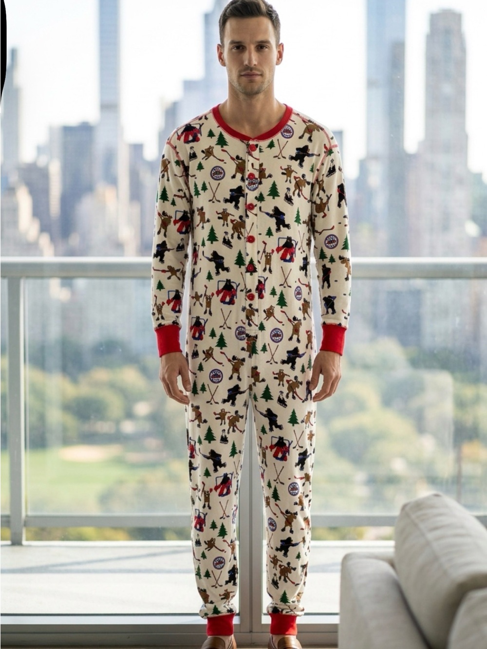 Men's Cream Hockey Night Print One-Piece Pajama with Red Trim